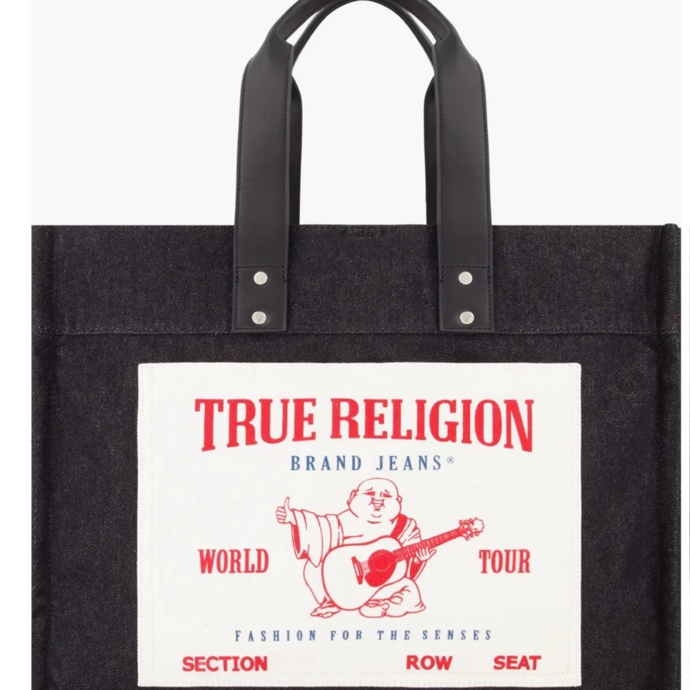 True Religion Black Canvas Tote with White Patch and Red Logo